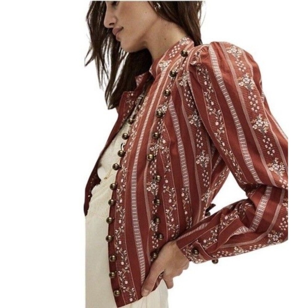 Free People Sorel Cottage Jacket Women M Brown Floral Military Victorian Boho